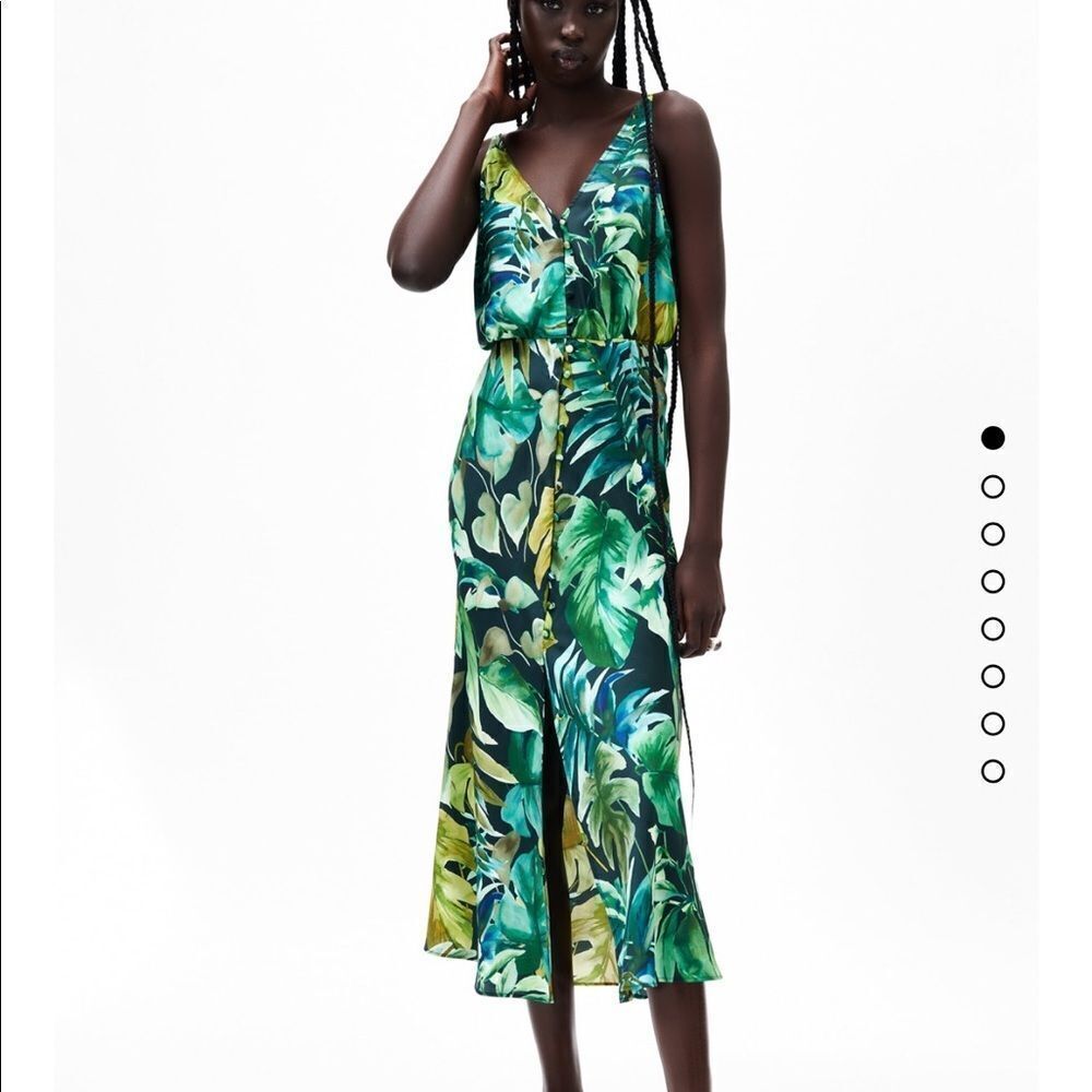 Zara tropical green leaf print spaghetti strap dress